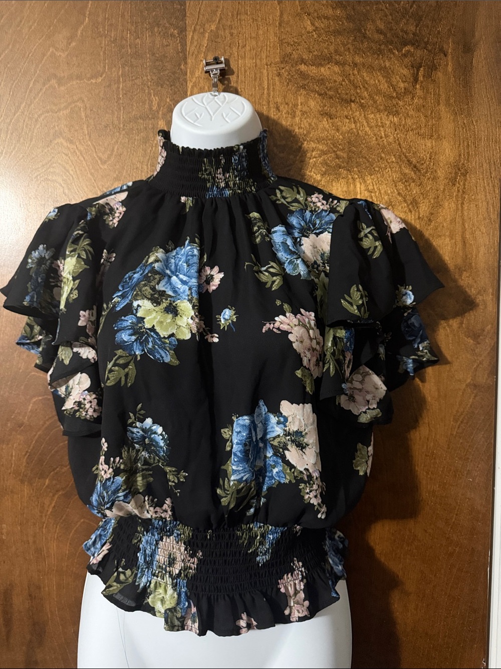 Shinestar Black Floral Smocked High-Neck Ruffle Blouse